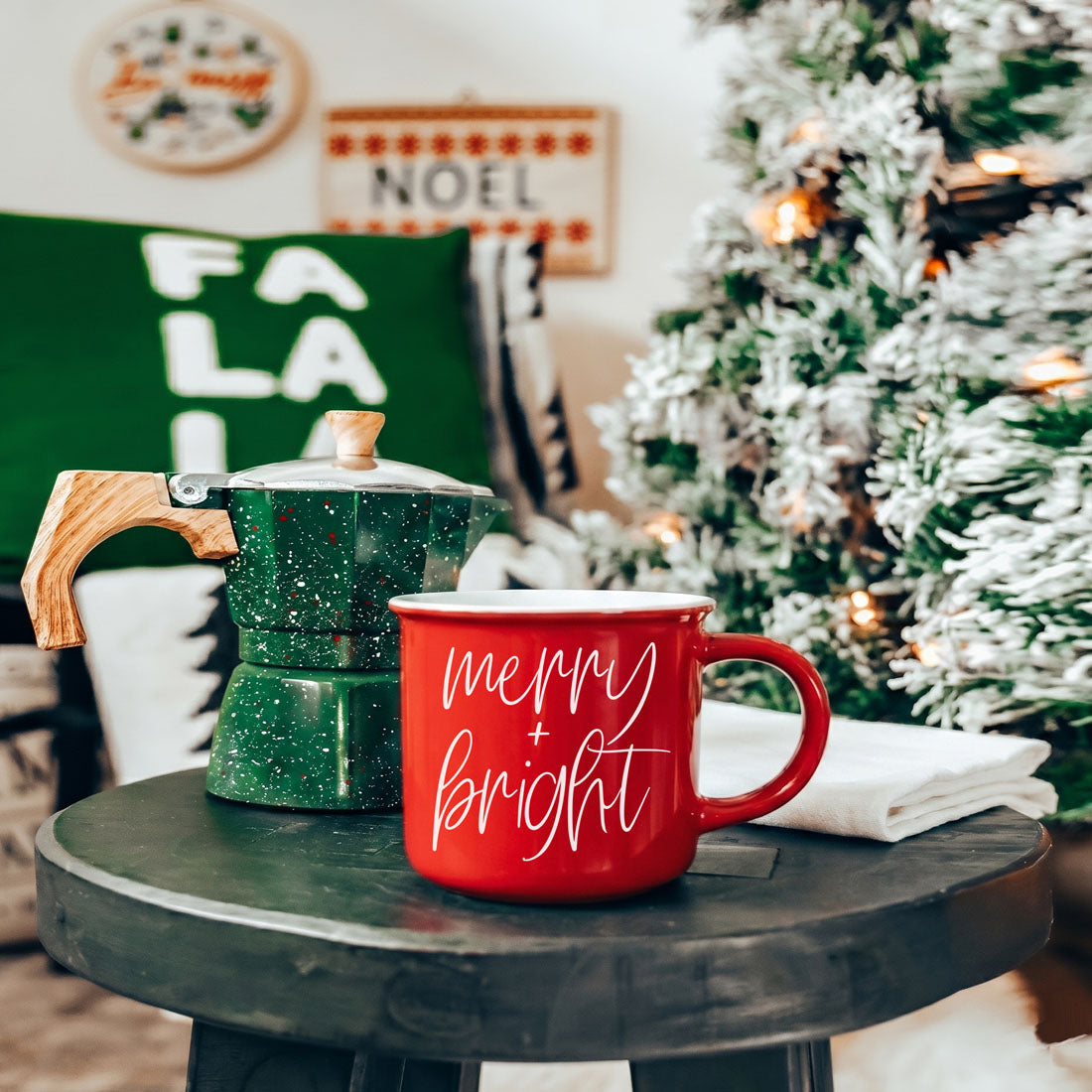 Merry & Bright coffee mug red ceramic by Gia Roma with white cursive text, mug and moka pot on Tampa Home & Garden Store