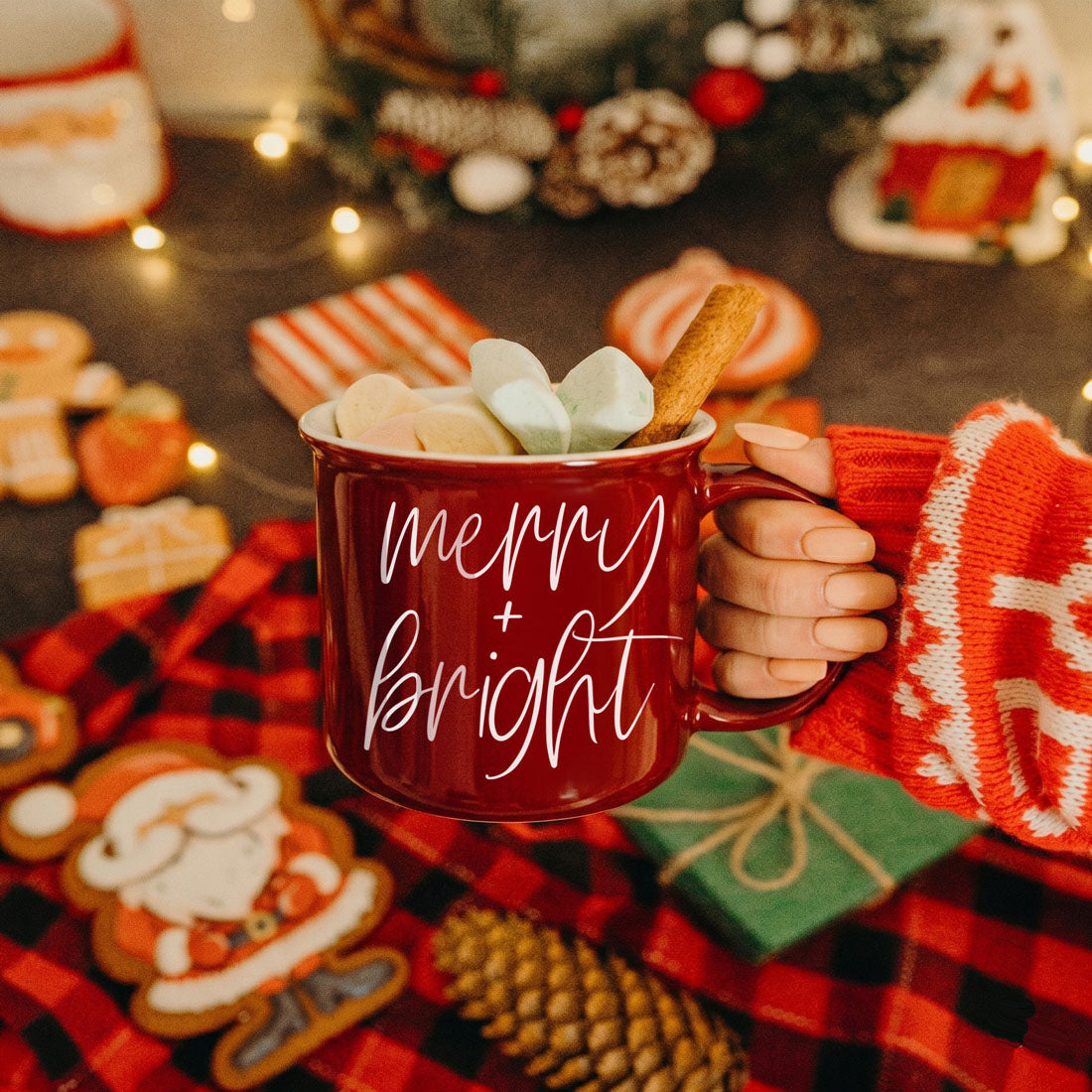 Merry & Bright mug by Gia Roma, red ceramic coffee mug with marshmallows and cinnamon stick on Tampa Home & Garden Store