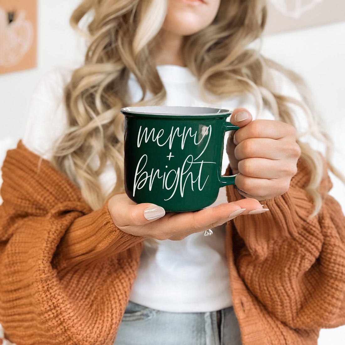 Merry & Bright coffee mug, green ceramic mug with white script on Tampa Home & Garden Store