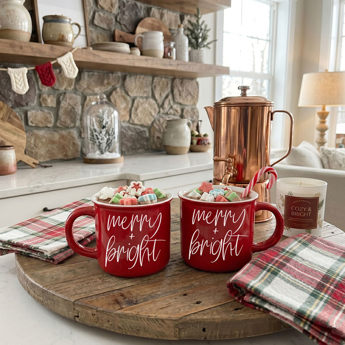 Merry & Bright red coffee mugs by Gia Roma (set of 2) filled with marshmallows on a board on Tampa Home & Garden Store