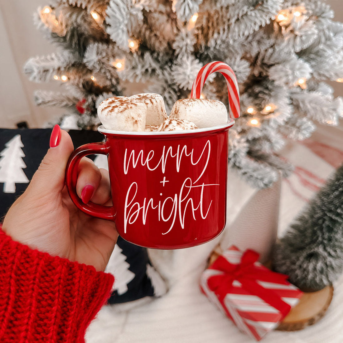 Merry & Bright Gia Roma coffee mug red ceramic with white cursive text, marshmallows and a candy cane inside on Tampa Home & Garden Store