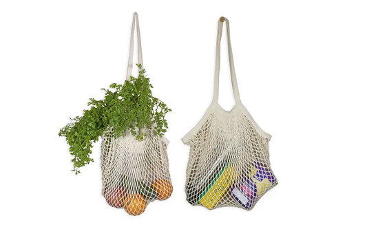Reusable organic cotton mesh shopping bag natural cream color beach tote, two bags on Tampa Home & Garden Store