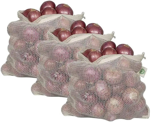 Onion storage mesh bags 3-pack by Organic Cotton Mart, cream cotton produce bags on Tampa Home & Garden Store