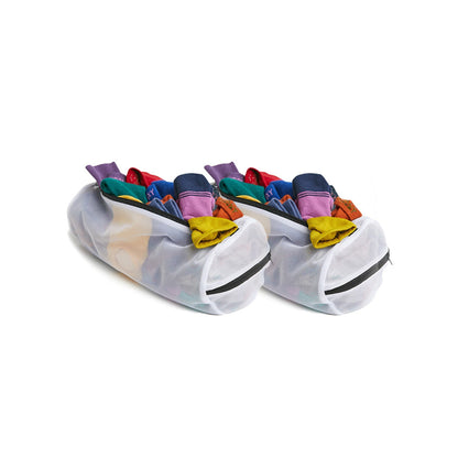 Mesh Sock Wash Bag 2-Pack white mesh bags with black zippers and colorful socks inside on Tampa Home & Garden Store
