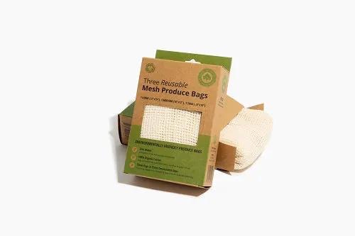 Produce Bags Gift Box by Organic Cotton Mart; three reusable beige mesh produce bags in packaging on Tampa Home & Garden Store