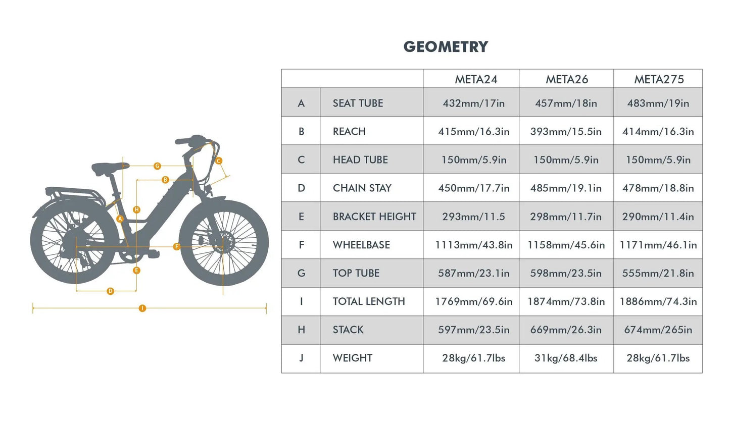 META26 electric bicycle geometry diagram with A–J measurements for EUNORAU E-BIKE US on Tampa Home & Garden Store