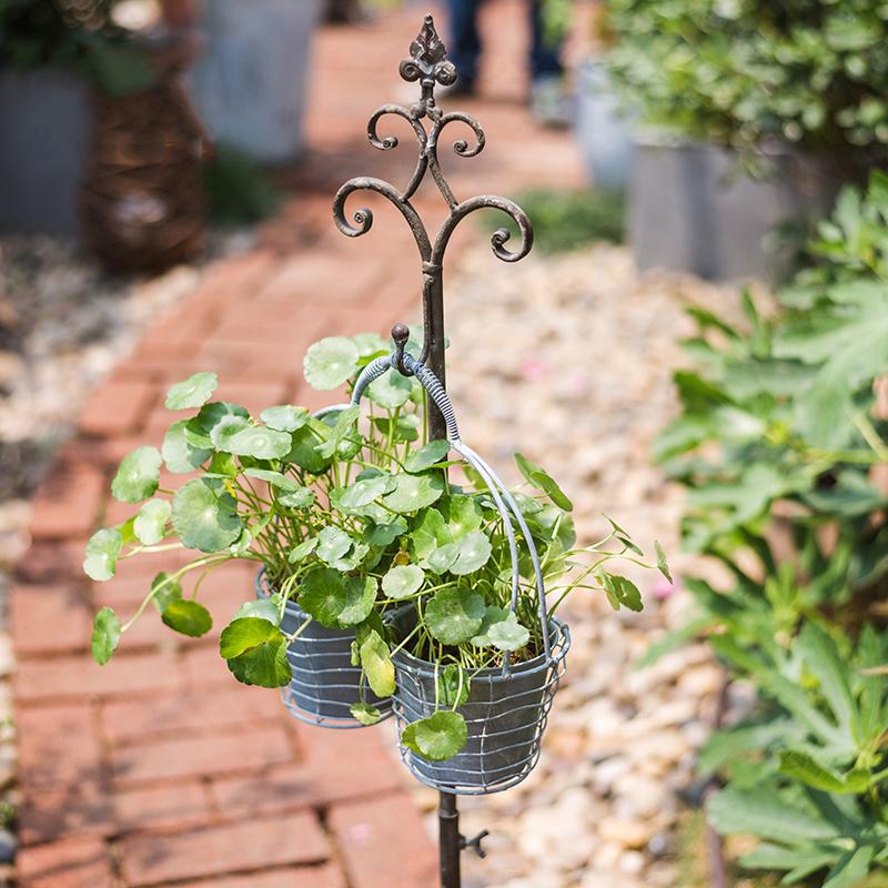 Metal hanging plant stand with hook, adjustable height, RusticReach, two gray wire baskets on Tampa Home & Garden Store