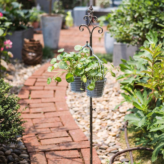 Metal Hanging Plant Stand with Hook Adjustable Height ornate iron RusticReach two baskets on Tampa Home & Garden Store