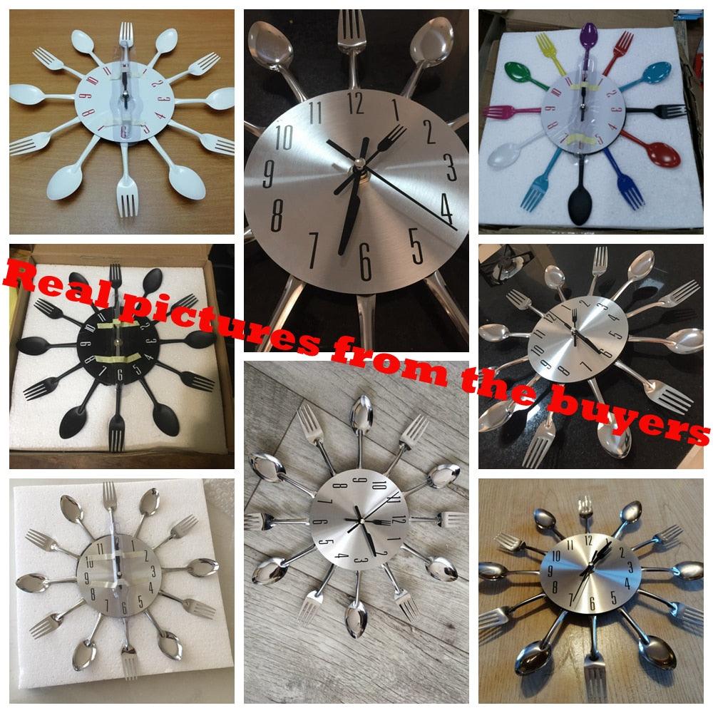 Metal kitchen wall clock with cutlery-spoke design (spoons and forks) in silver finish collage on Tampa Home & Garden Store