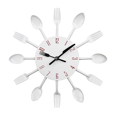 Metal kitchen wall clock with 12 cutlery spokes white dial red numerals quartz by Stevvex on Tampa Home & Garden Store