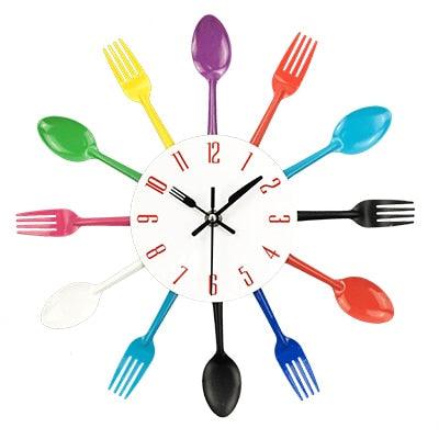 Stevvex metal kitchen wall clock with colorful spoon and fork spokes, quartz wall art on Tampa Home & Garden Store