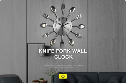Metal kitchen wall clock with 12 cutlery silhouettes around a silver dial on Tampa Home & Garden Store