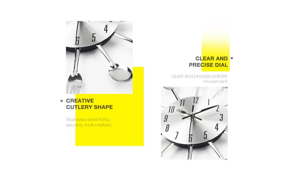 Stevvex metal kitchen wall clock with stainless steel cutlery design modern quartz wall clock on Tampa Home & Garden Store