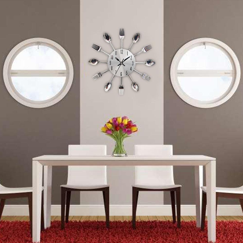 Metal kitchen wall clock Stevvex with 3D spoon and fork cutlery markers for modern decor on Tampa Home & Garden Store