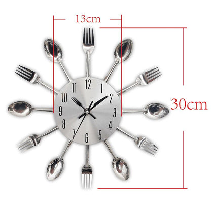 Metal kitchen wall clock with spoon and fork hour markers around a silver dial 30 cm quartz on Tampa Home & Garden Store