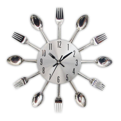 Stevvex metal kitchen wall clock with 12 silver cutlery spokes spoons & forks, quartz art on Tampa Home & Garden Store