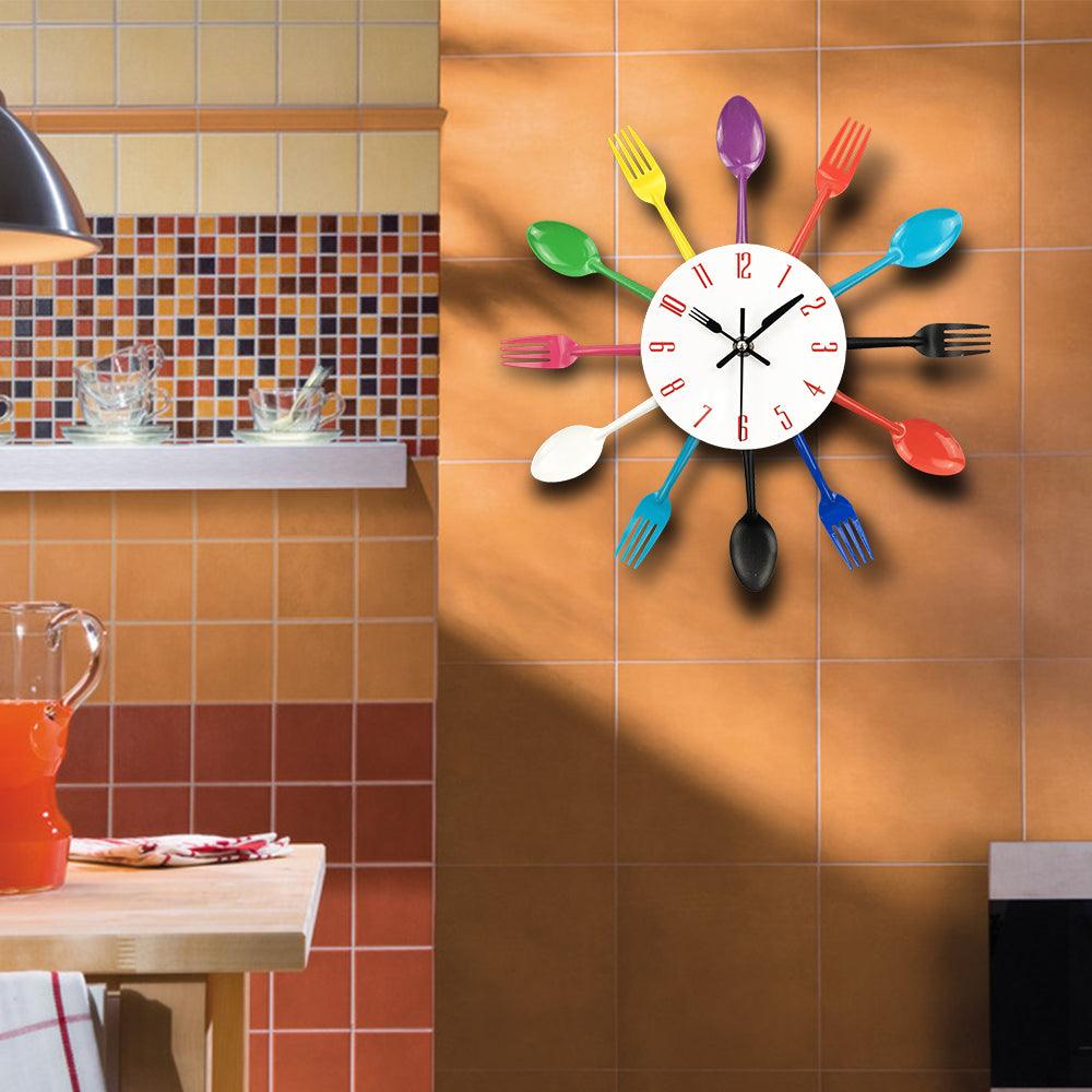 Stevvex metal kitchen wall clock with 12 colorful cutlery spokes, modern wall decor on Tampa Home & Garden Store