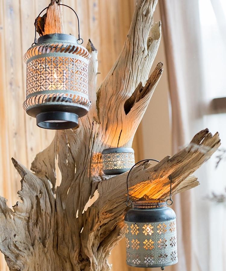 Metal lantern candle holder RusticReach with blue finish and lattice cutouts, 3 hanging on Tampa Home & Garden Store