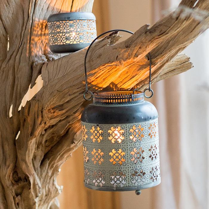 Metal lantern candle holder, gray finish with floral cutouts, 2 hanging lanterns on driftwood on Tampa Home & Garden Store