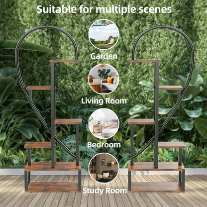 6 tier heart metal plant stand black & wood living room shelves