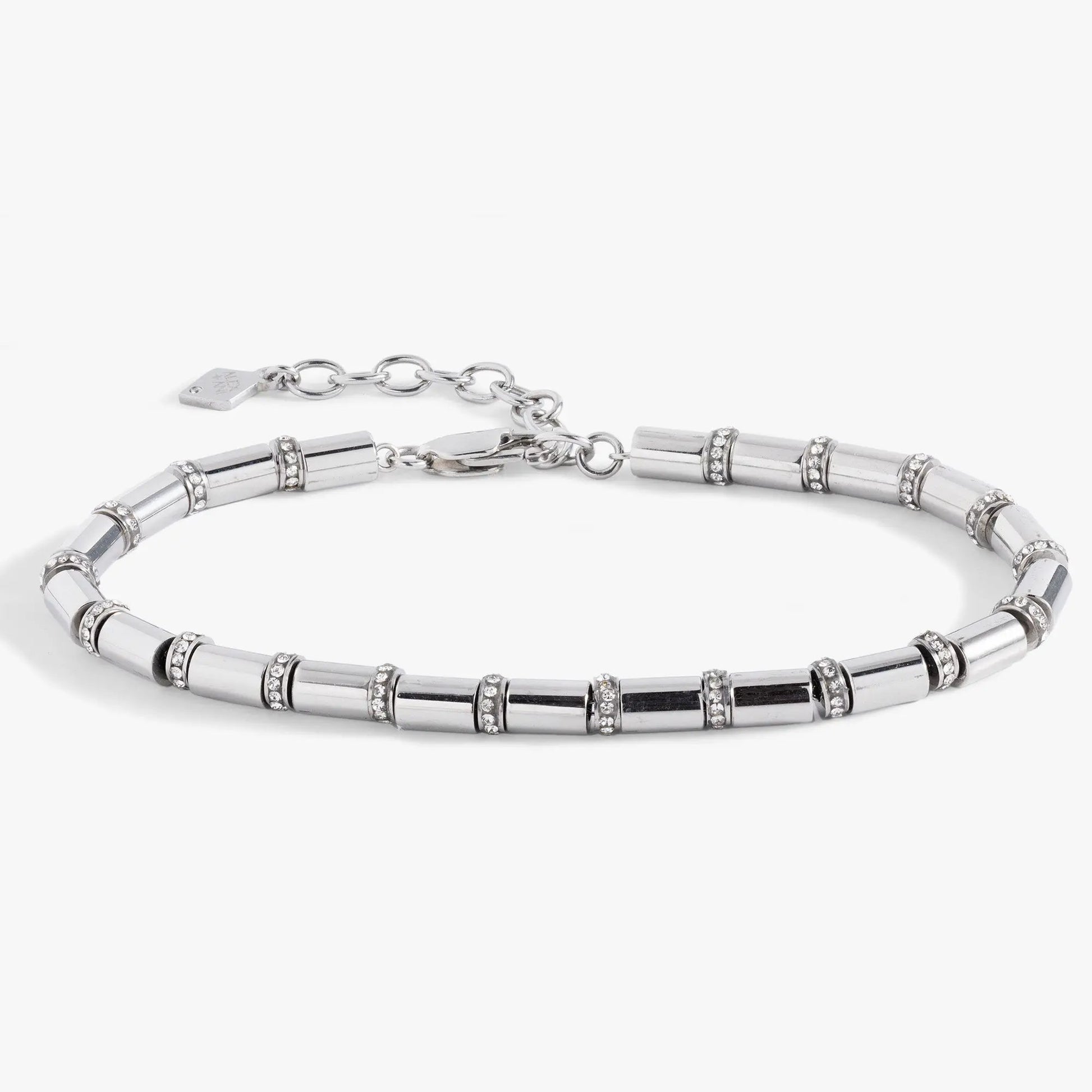 Tube Bead and Crystal Chain Bracelet by ALEX AND ANI in silver with crystal spacers on Tampa Home & Garden Store