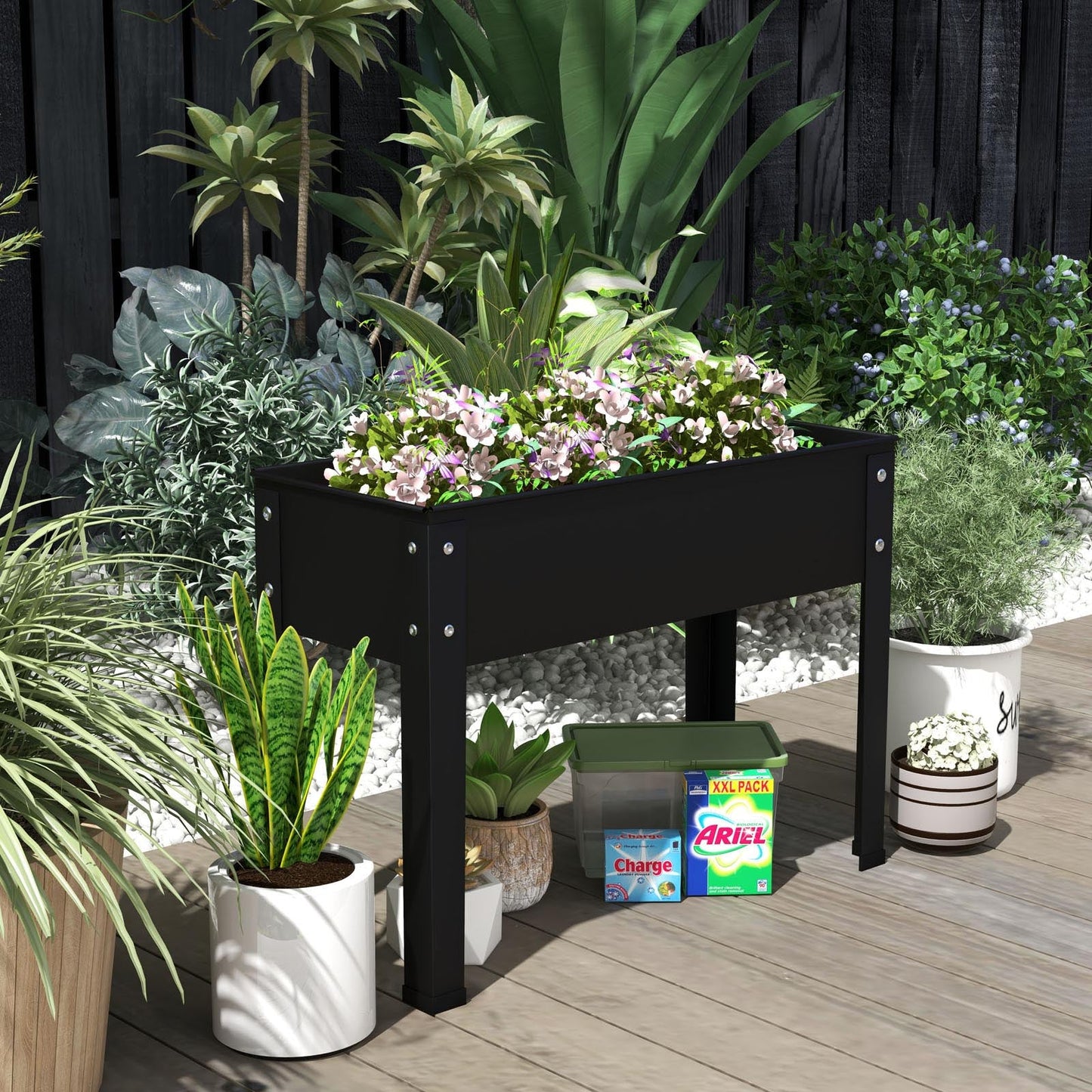 Cama de jardín elevada de metal con patas y orificio de drenaje para flores y verduras - 24 x 11 x 18 pulgadas