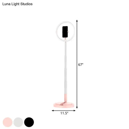 Makeup lamp with LED ring light and phone holder on a tall silver stand with pink base on Tampa Home & Garden Store