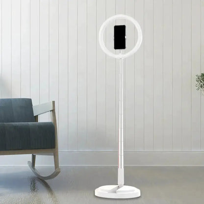 Decorbites metallic black LED makeup lamp with phone holder on tall metal stand in modern bedroom on Tampa Home & Garden Store