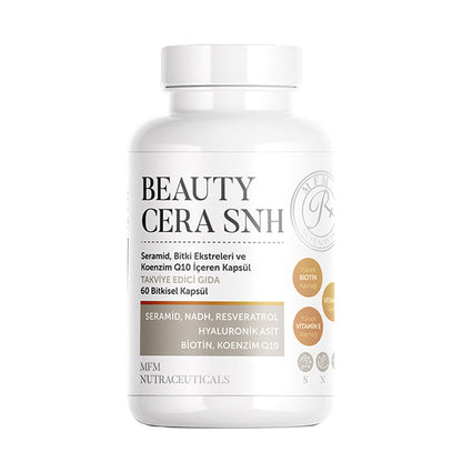 MFM Beauty Cera SNH Ceramide & CoQ10 supplement bottle, white, 60 capsules, Beauty Care Bag on Tampa Home & Garden Store