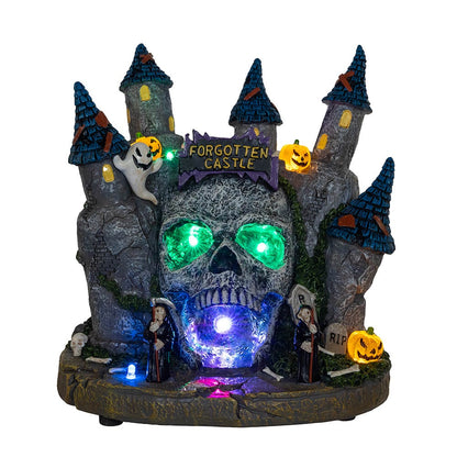 Castillo de calavera iluminado con entrada LED que cambia de color