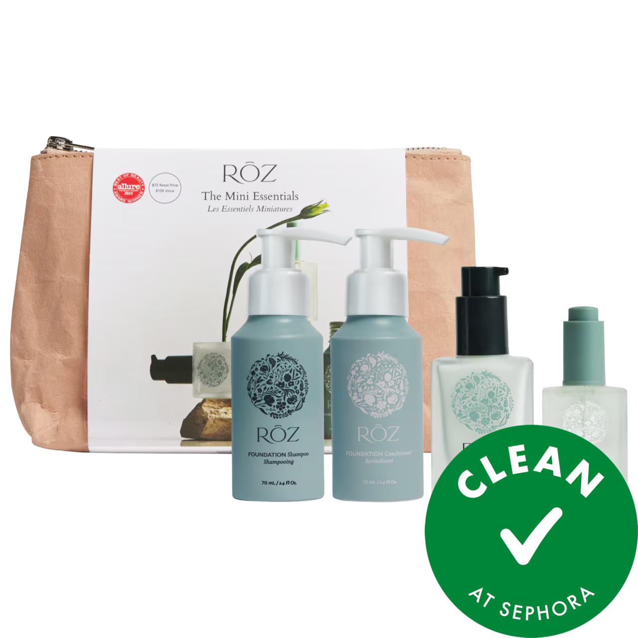 ROZ Mini Hydrating Hair Care Kit by Beauty Care Bag with blue pump bottles in peach pouch on Tampa Home & Garden Store
