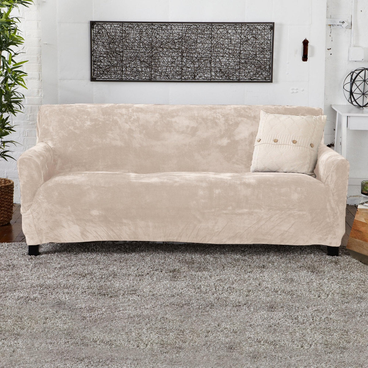 Velvet Stretch Slipcover - Gale Collection in beige velvet over sofa by Great Bay Home on Tampa Home & Garden Store