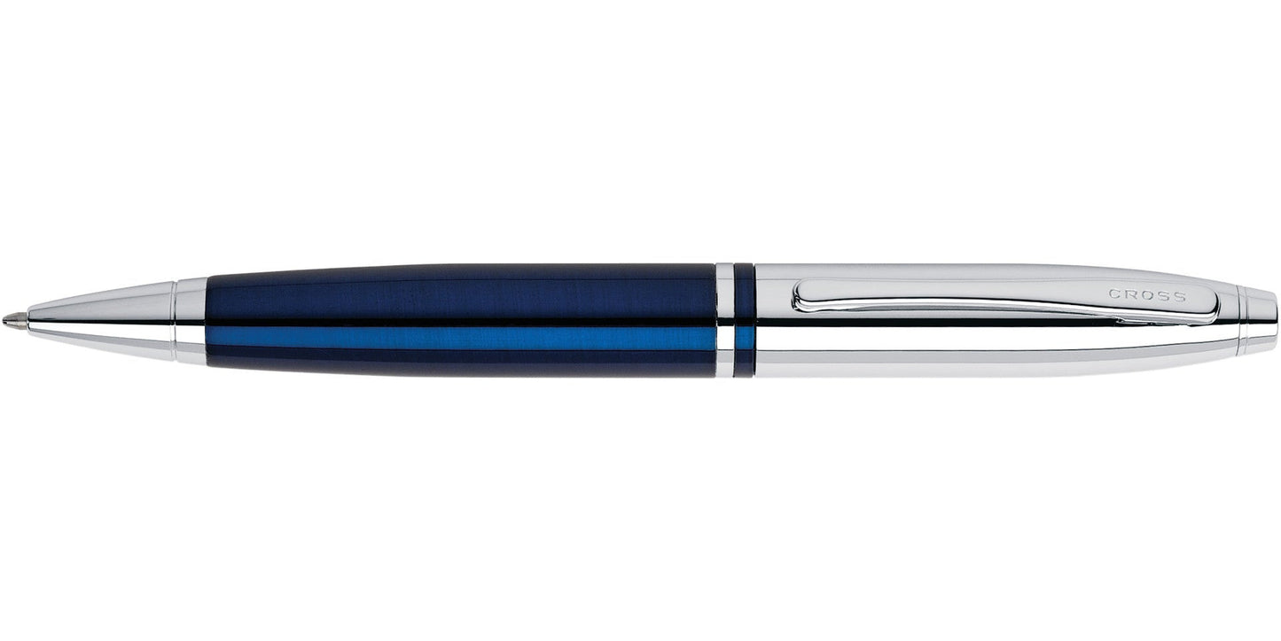 Cross Calais Chrome & Blue Lacquer Ballpoint Pen with blue lacquer body and chrome clip on Tampa Home & Garden Store