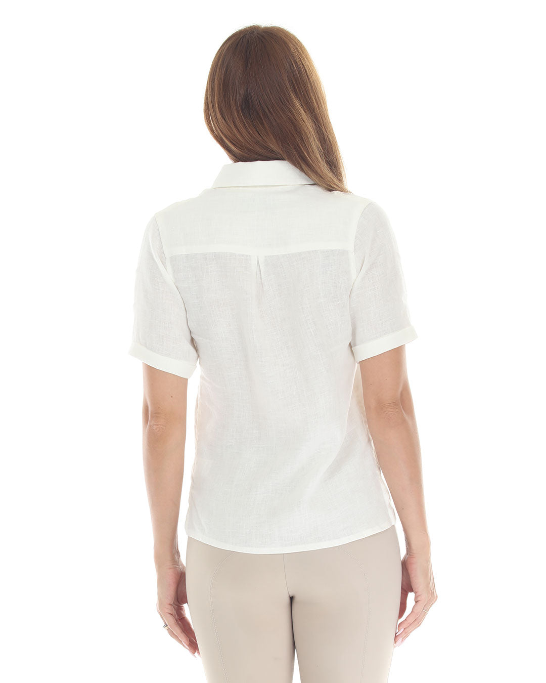 MICHELLE Linen Shirt back view, white linen, rolled sleeves, BellEq™ Equestrian Apparel on Tampa Home & Garden Store
