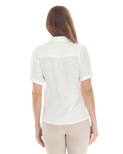MICHELLE Linen Shirt back view, white linen, rolled sleeves, BellEq™ Equestrian Apparel on Tampa Home & Garden Store