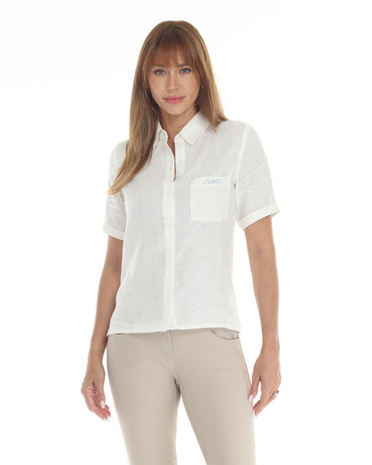MICHELLE Linen Shirt white short-sleeve button-down with chest pocket and BellEq embroidery on Tampa Home & Garden Store
