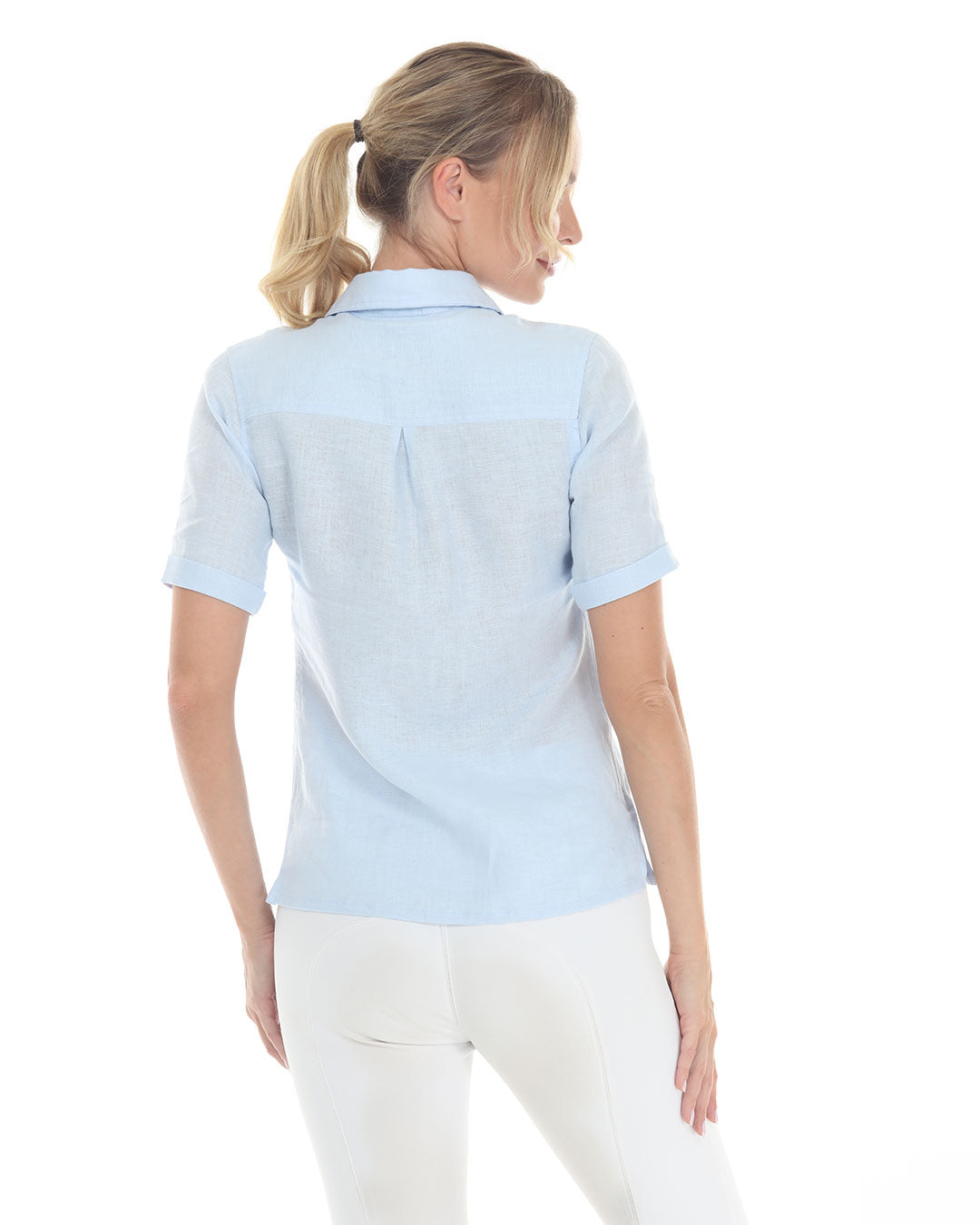 BellEq Michelle Linen Shirt, light blue linen short-sleeve shirt, back view with yoke pleat on Tampa Home & Garden Store