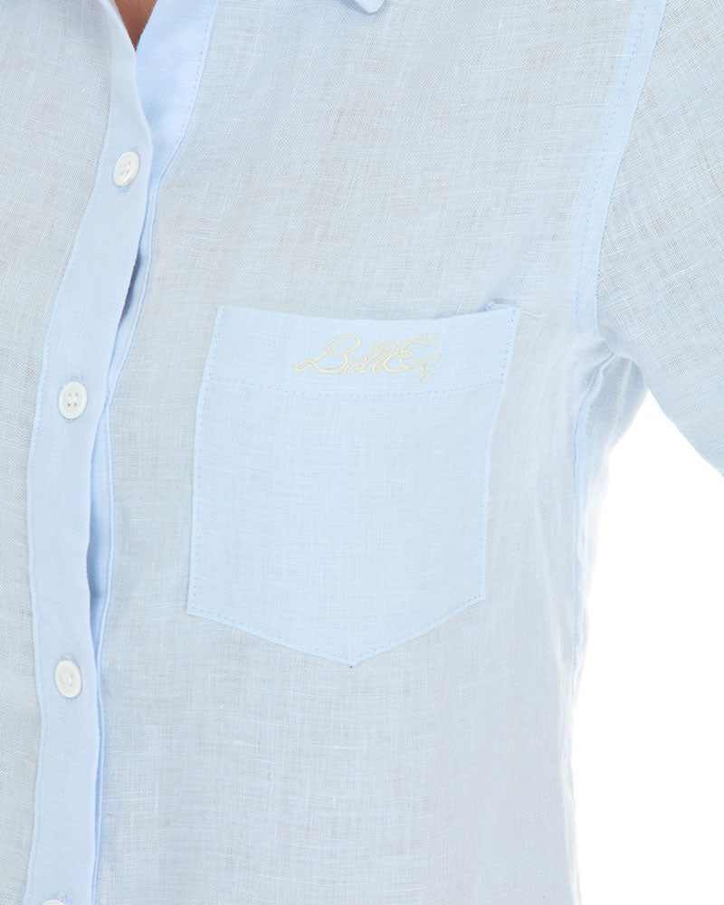 Michelle Linen Shirt light blue linen with chest pocket and gold BellEq logo on Tampa Home & Garden Store