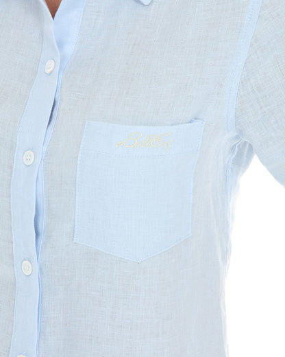 Michelle Linen Shirt light blue linen with chest pocket and gold BellEq logo on Tampa Home & Garden Store