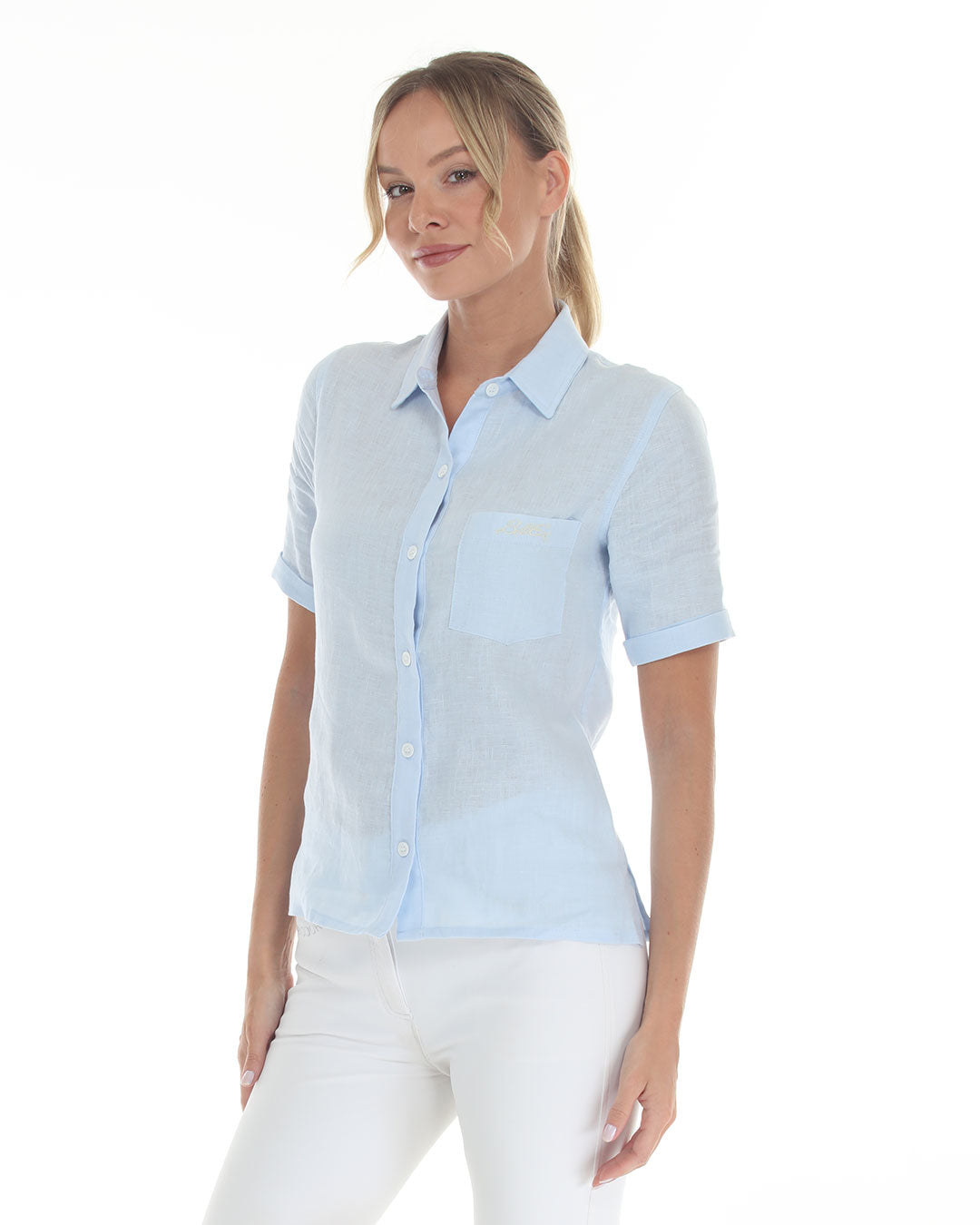 MICHELLE Linen Shirt BellEq™ Equestrian Apparel, light blue linen button-down with chest pocket on Tampa Home & Garden Store