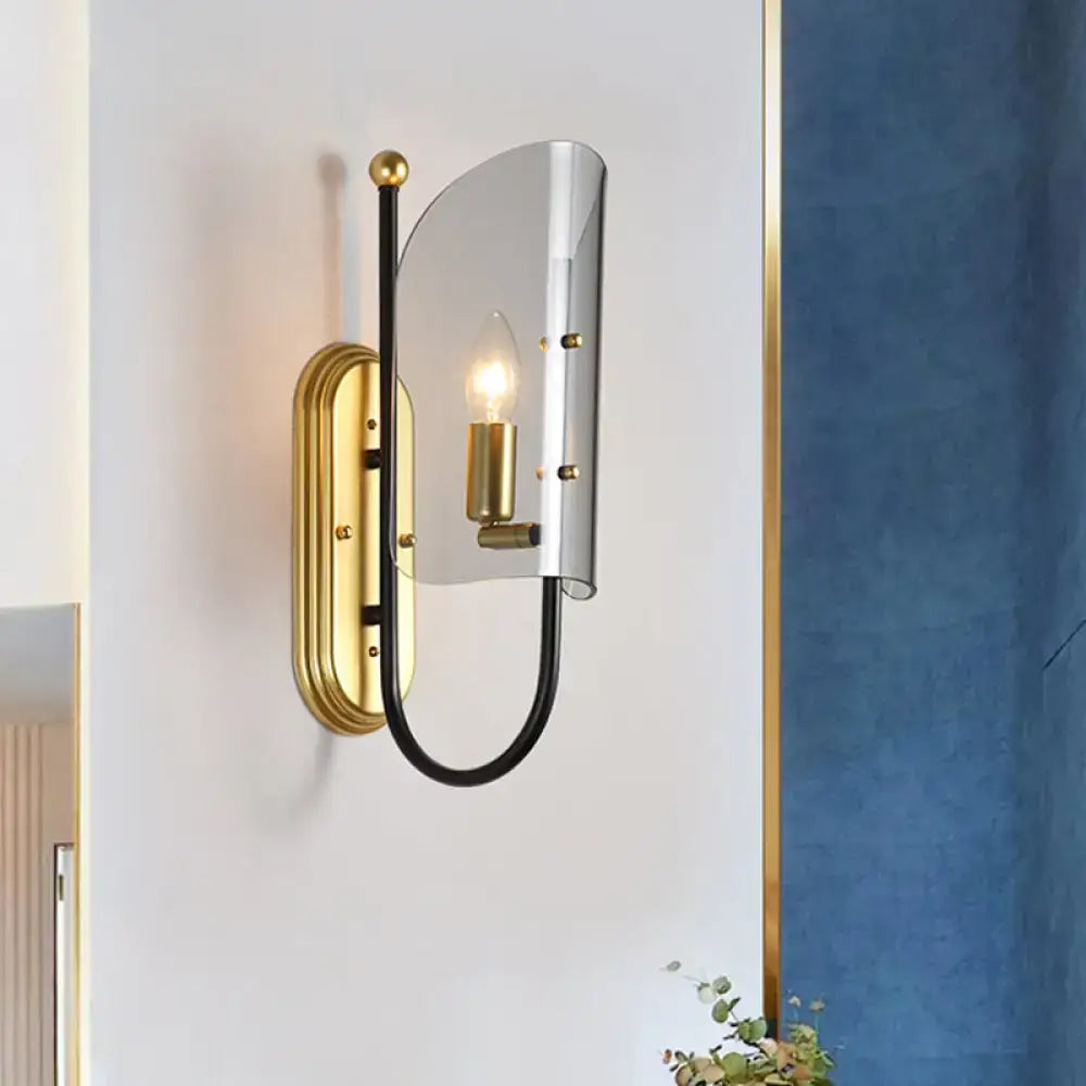 Brass Smoke Glass Mid-Century Wall Lamp Decorbites; black curved arm, smoke shade on Tampa Home & Garden Store