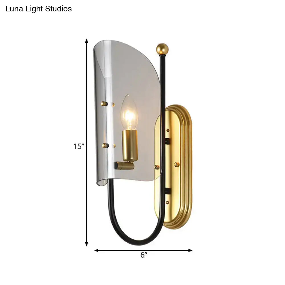 Decorbites brass smoke glass mid-century wall lamp with curved black arm 15in tall on Tampa Home & Garden Store