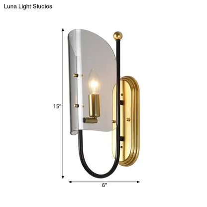 Decorbites brass smoke glass mid-century wall lamp with curved black arm 15in tall on Tampa Home & Garden Store