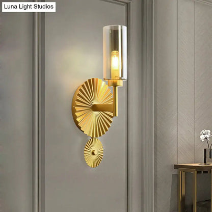 Brass scalloped amber glass sconce with cylindrical shade and sunburst backplates Decorbites on Tampa Home & Garden Store