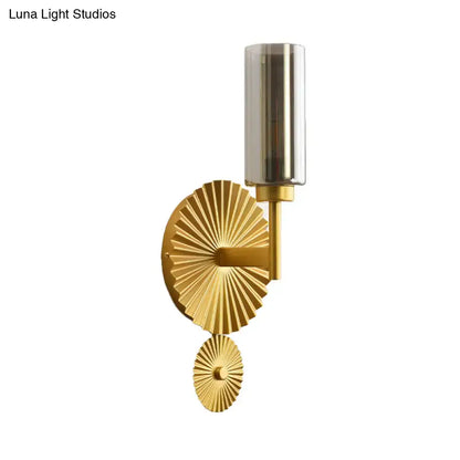 Brass Scalloped Amber Glass Sconce with two sunburst discs and tall amber shade by Decorbites on Tampa Home & Garden Store