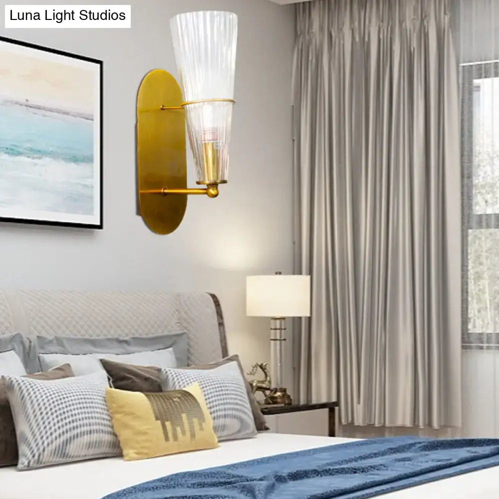 Brass ribbed glass wall lamp by Decorbites gold wall sconce with tall ribbed shade on Tampa Home & Garden Store