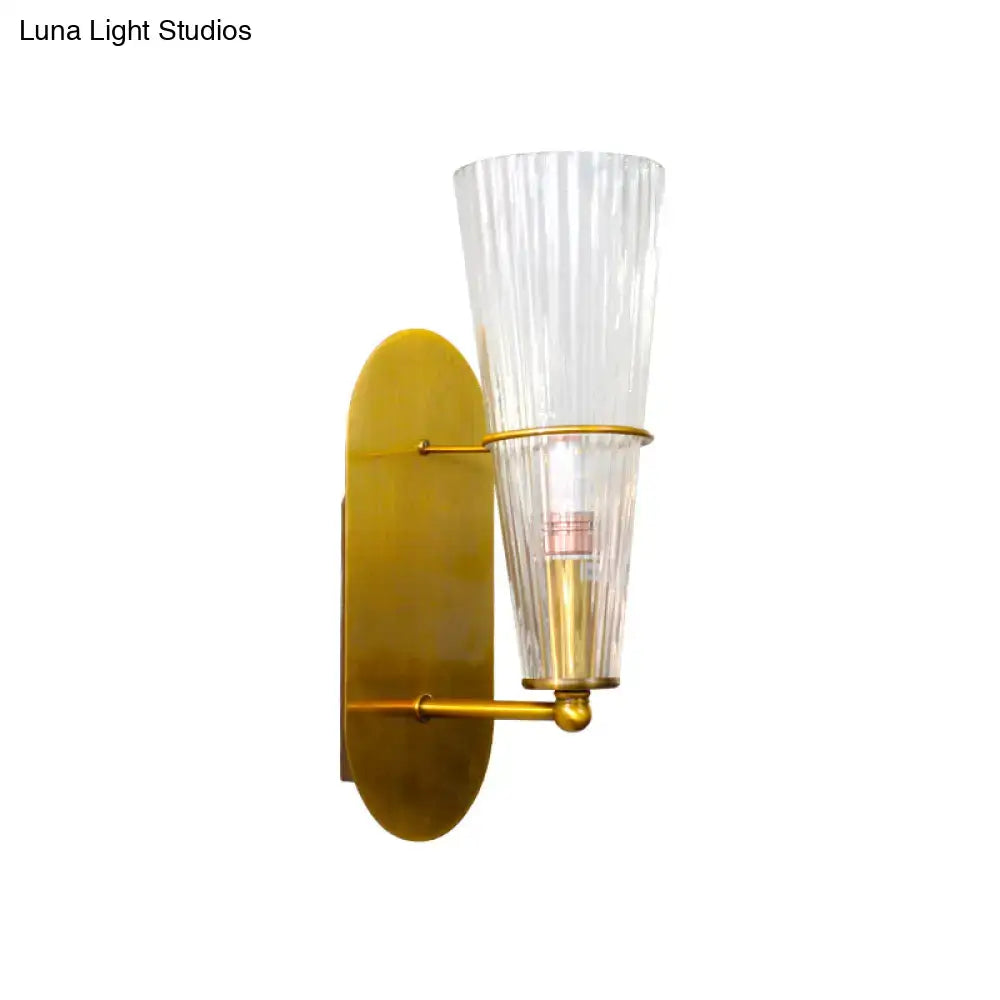 Brass ribbed glass wall lamp with clear shade, gold backplate, Decorbites on Tampa Home & Garden Store