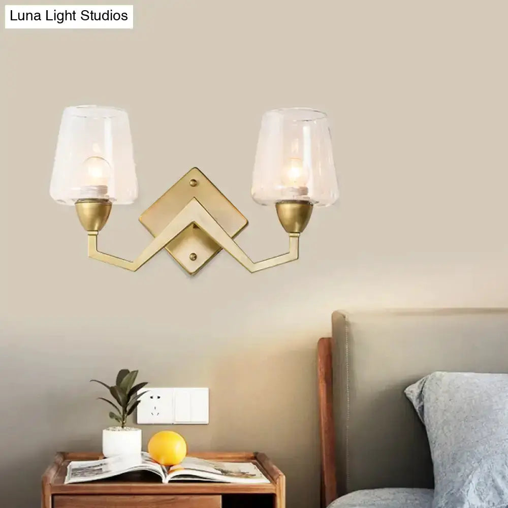 Decorbites mid-century brass wall lamp with two truncated-cone glass shades, bedroom sconce on Tampa Home & Garden Store