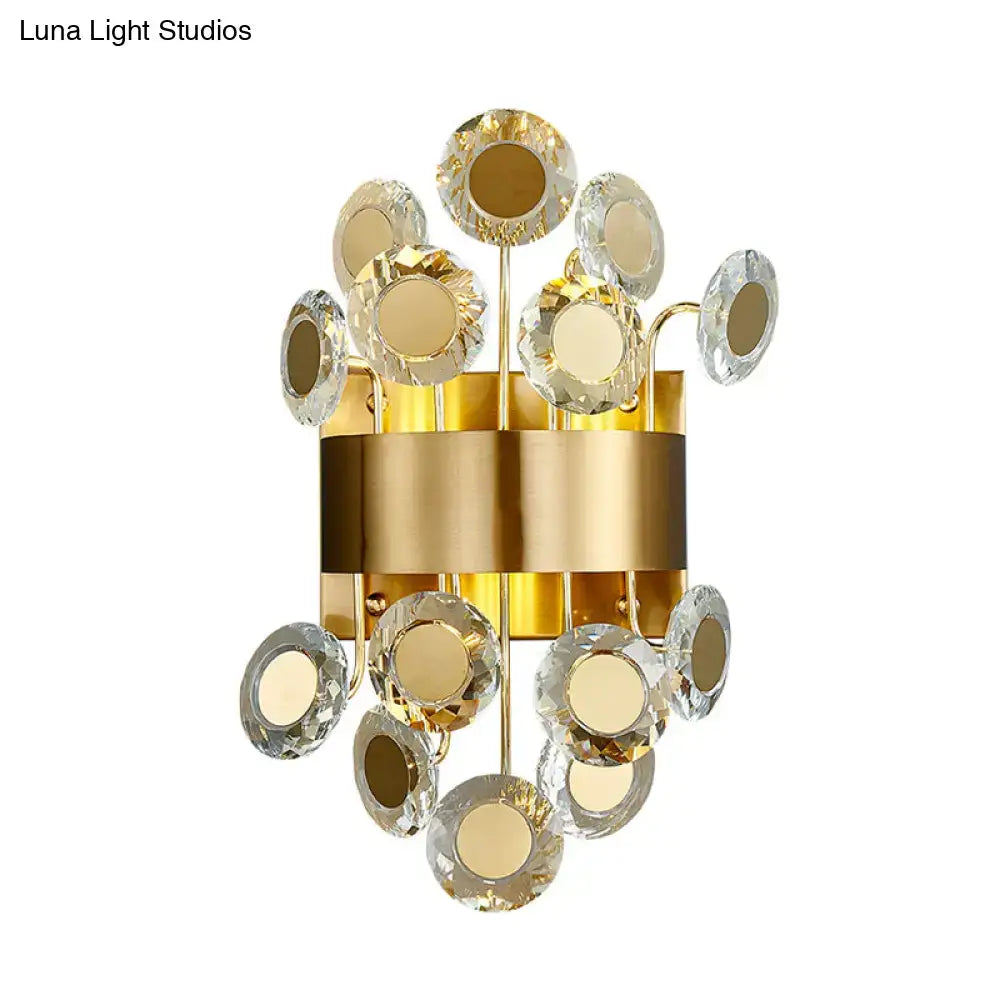 Gold Crystal Integrated LED Wall Light Decorbites; gold frame with 12 crystal discs on Tampa Home & Garden Store