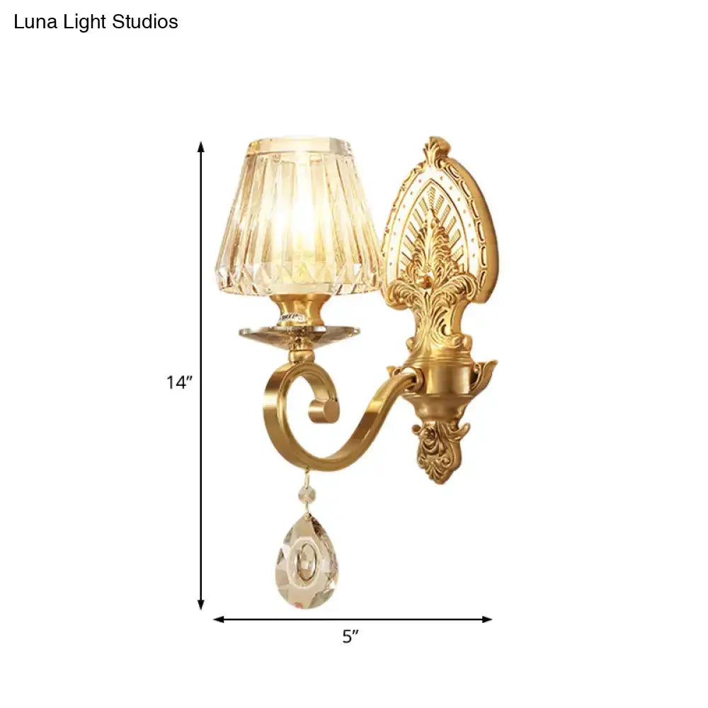 Mid century gold crystal wall sconce with glass shade and hanging drop LED on Tampa Home & Garden Store